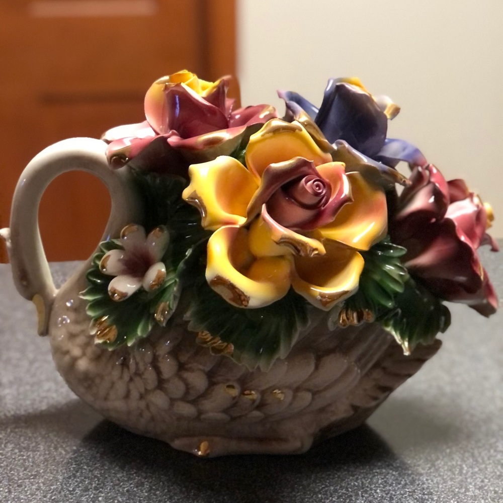 Vintage Capodimonte swan with flowers centerpiece